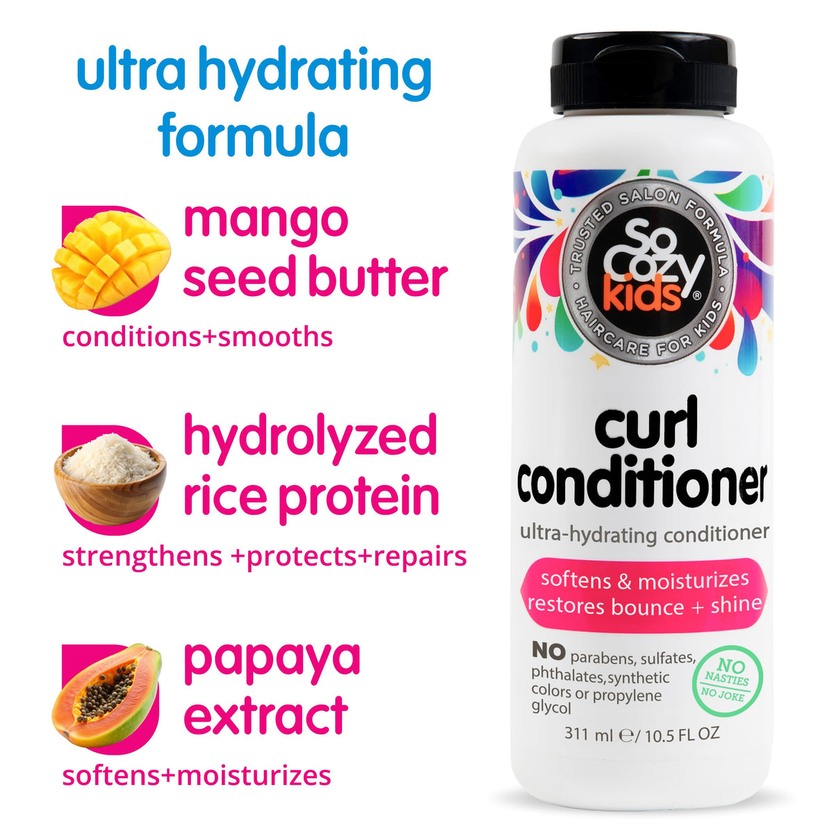 SoCozy with mango seed butter close-up, highlights moisturizing benefit for curls