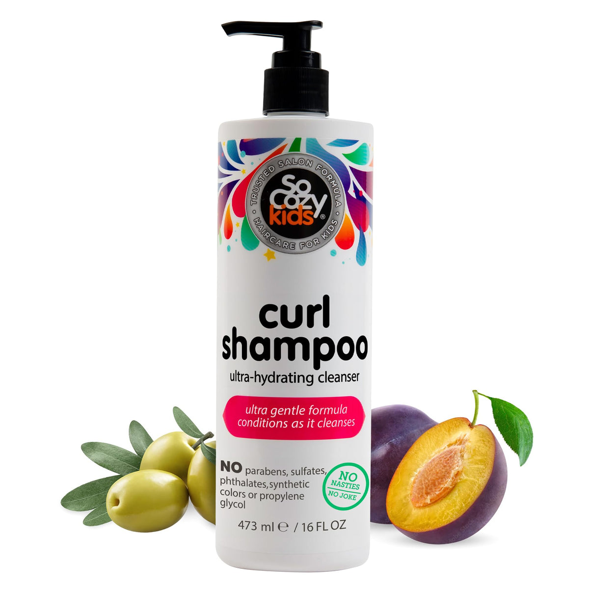 SoCozy shampoo bottle front view showing pump and kid-friendly design benefit