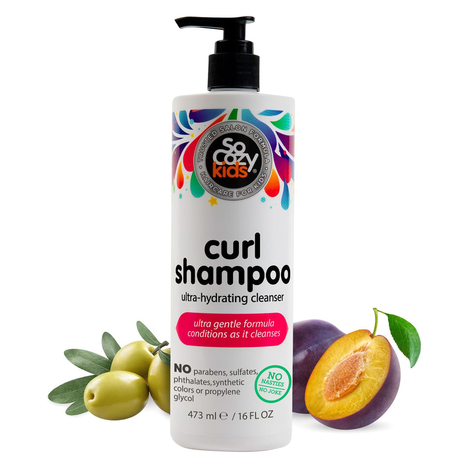 SoCozy shampoo bottle front view showing pump and kid-friendly design benefit