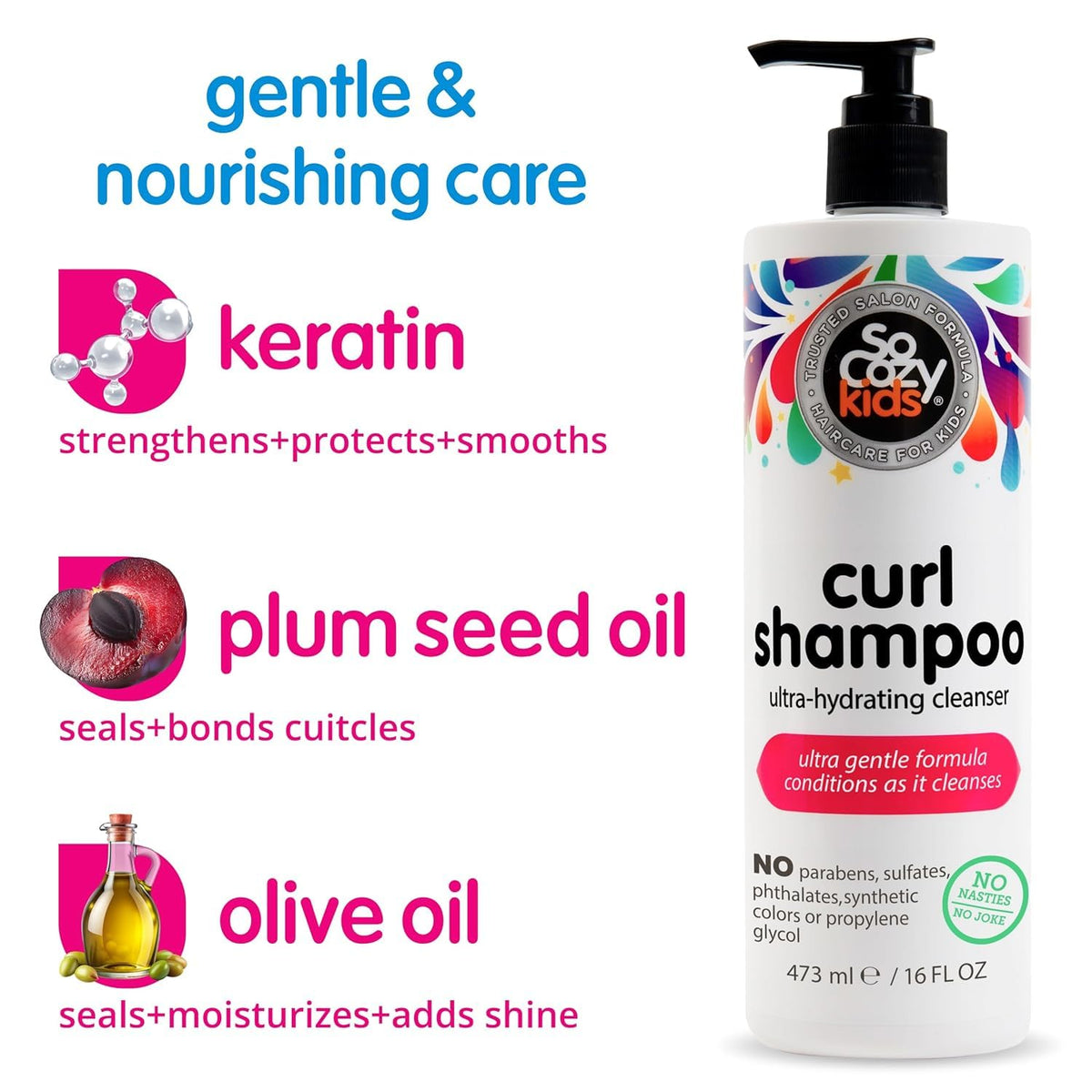 SoCozy shampoo label close-up showing key ingredients and safety benefit