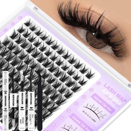 SOFENIDA front packaging showing full lash cluster kit and tools for convenient at-home use