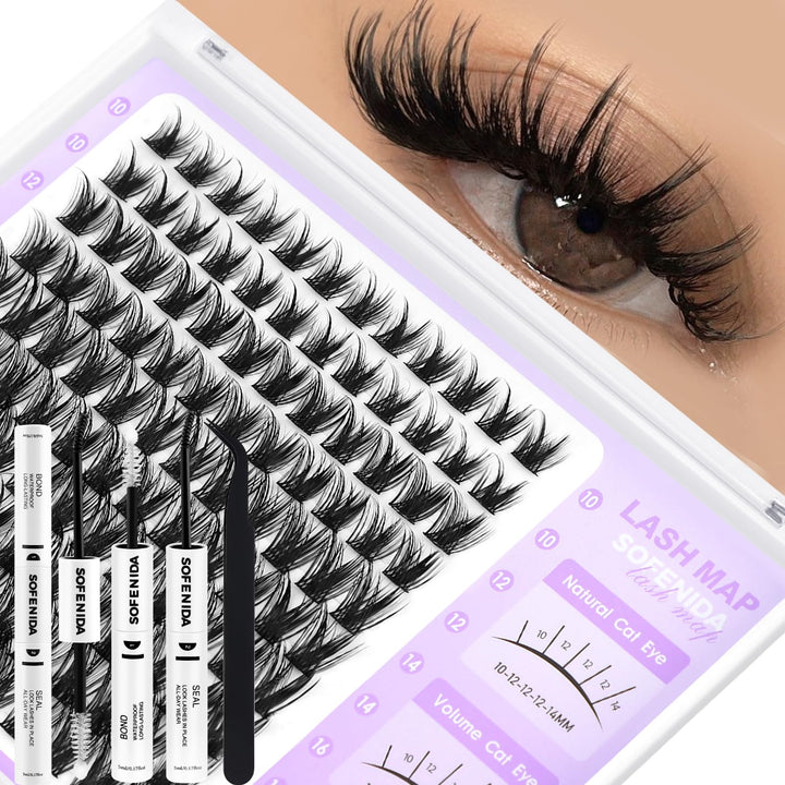 SOFENIDA front packaging showing full lash cluster kit and tools for convenient at-home use