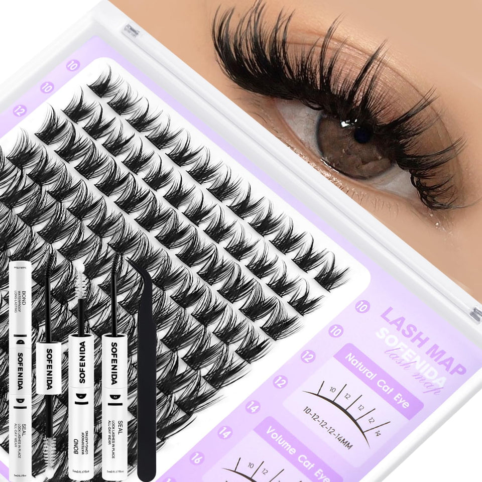 SOFENIDA front packaging showing full lash cluster kit and tools for convenient at-home use