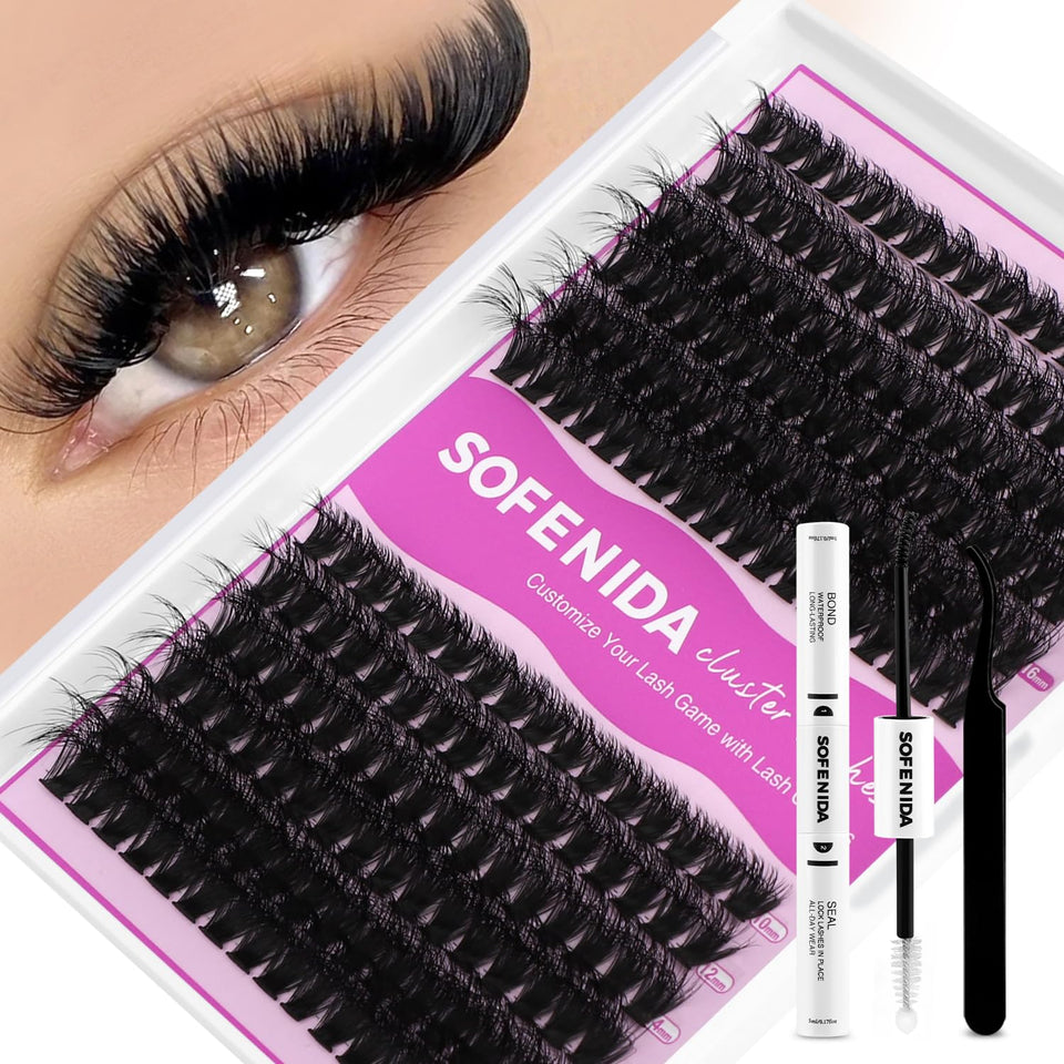 SOFENIDA front packaging showing full thick lash cluster kit benefit simplified use