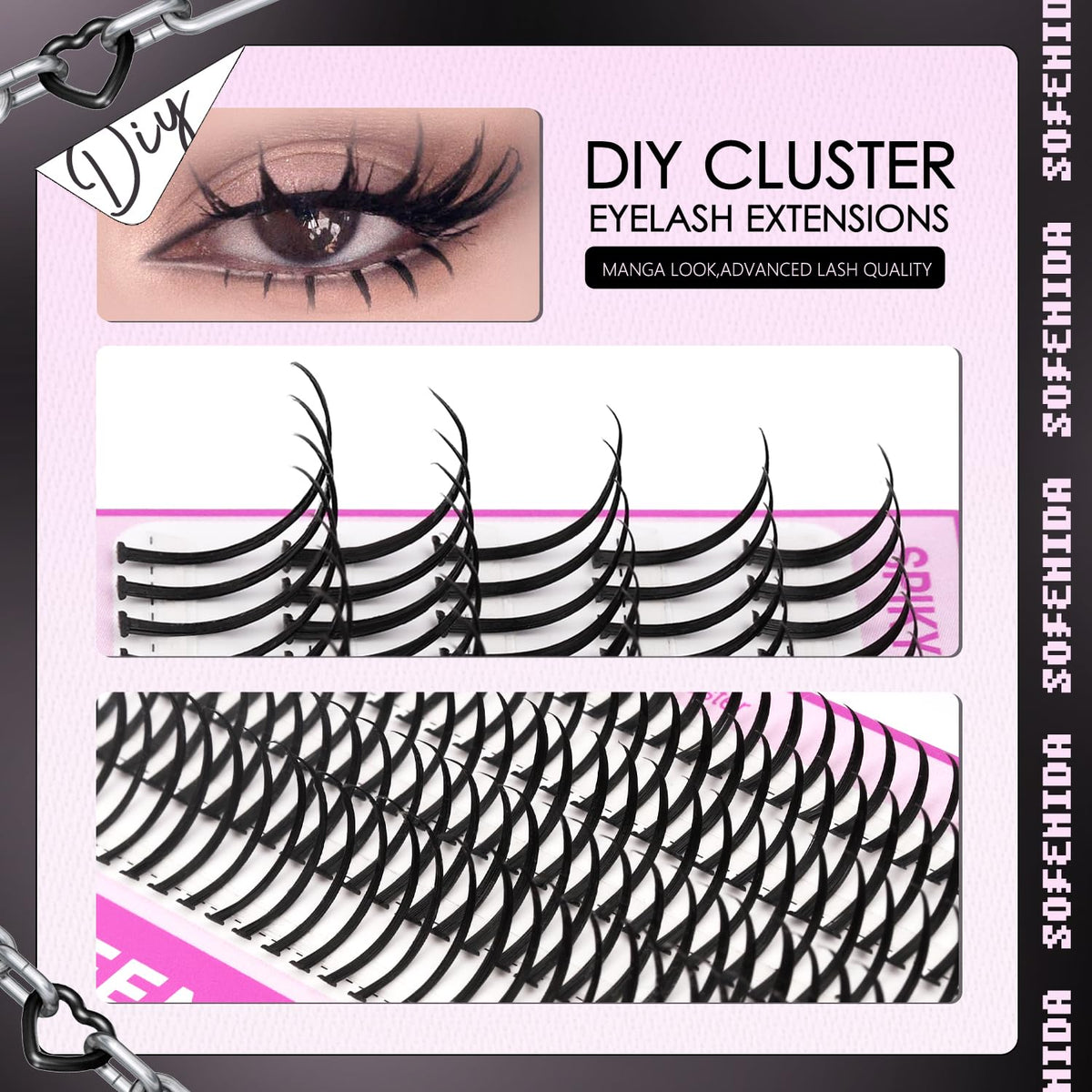 SOFENIDA lash clusters applied on eye demonstrating dramatic effect