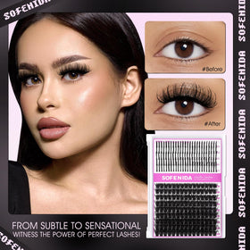 SOFENIDA lash clusters beside ruler showing 13–21mm length clarity
