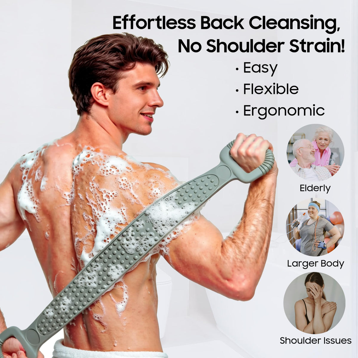 sofine back scrubber in use demonstrating easy reach and effective cleaning