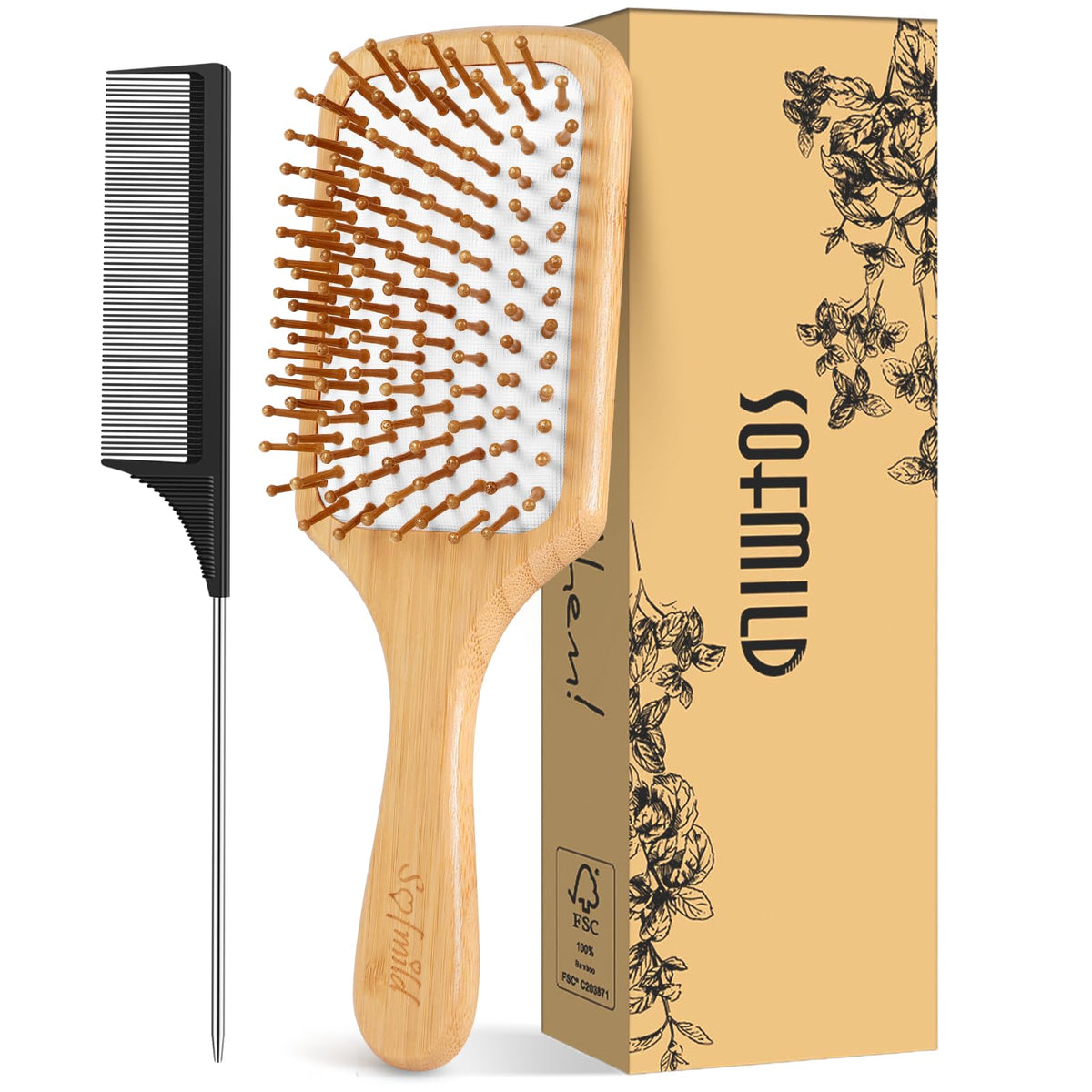 Sofmild bamboo paddle brush front view showing full head and bristles, smooth detangling