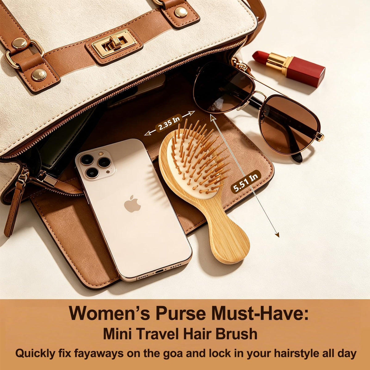 Sofmild brush tucked in a purse highlighting travel-ready convenience