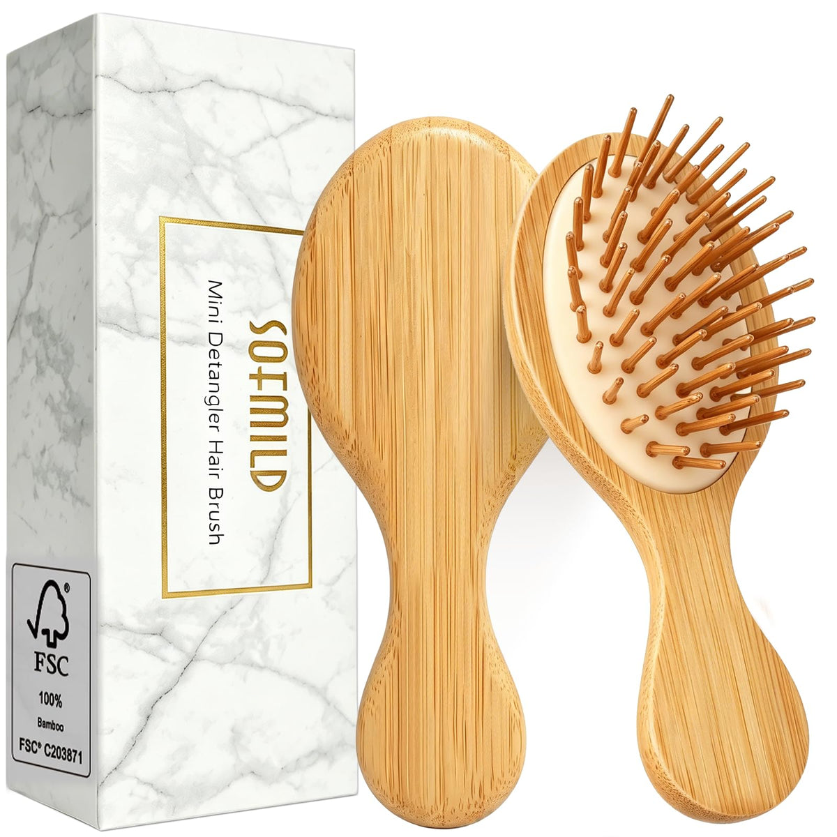 Sofmild front view of mini bamboo brush showing compact design and ease