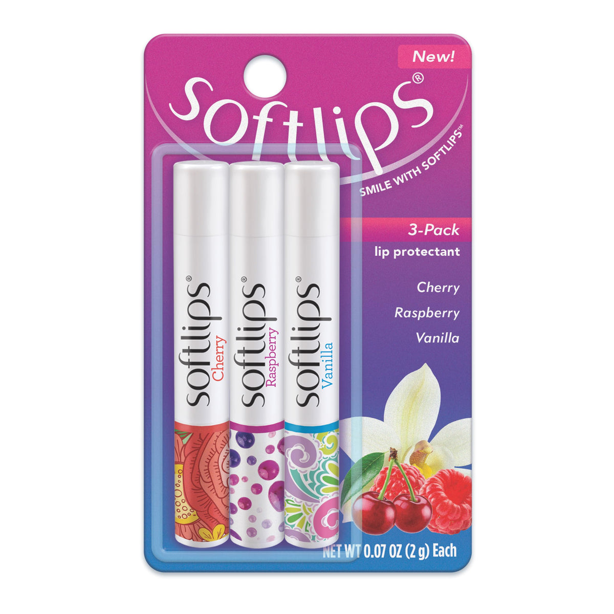 SoftLips front packaging trio showing three flavored tubes and convenience