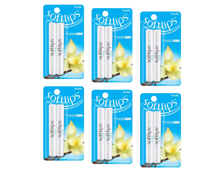 SoftLips vanilla front packaging showing 12-stick convenience and SPF 20 protection