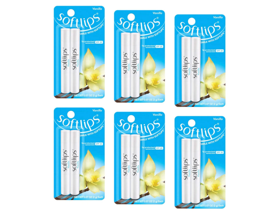 SoftLips vanilla front packaging showing 12-stick convenience and SPF 20 protection