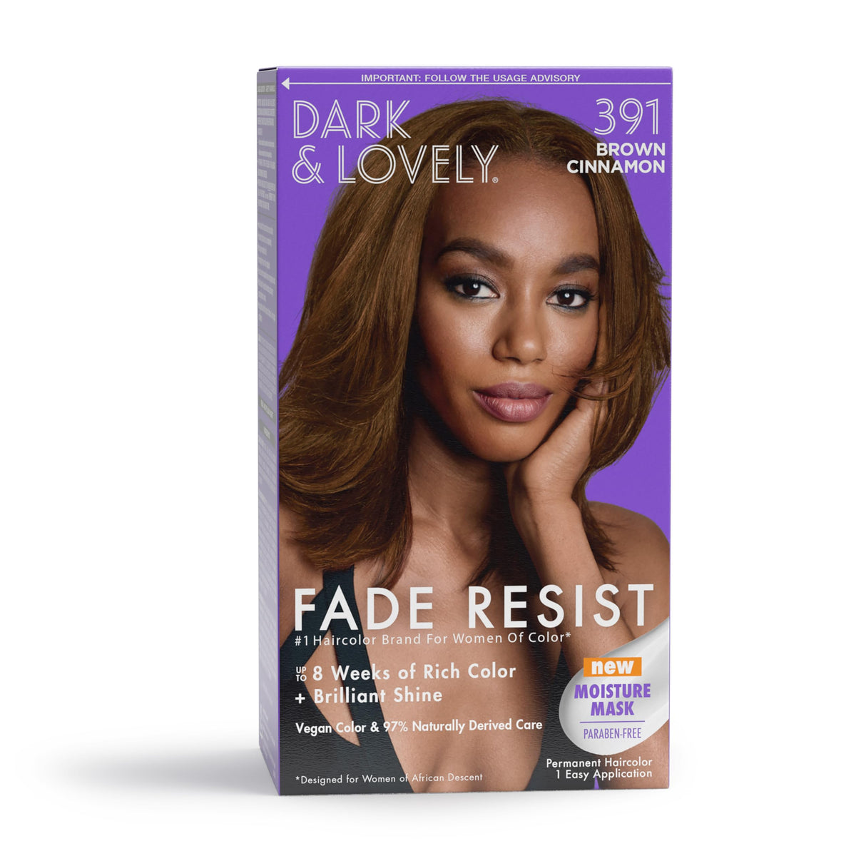SoftSheen front packaging showing Brown Cinnamon 391 and shade result for vibrant color