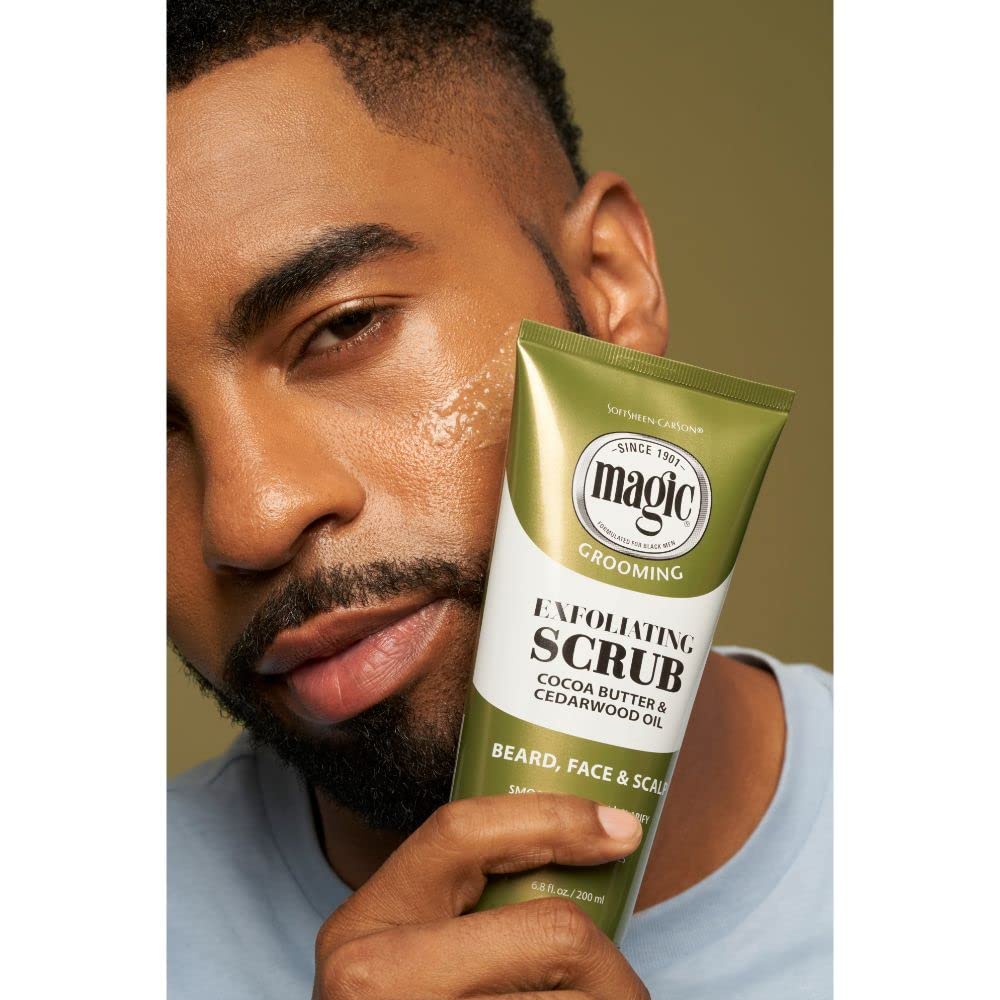 Cocoa, shea and cedarwood near SoftSheen scrub highlighting natural conditioning