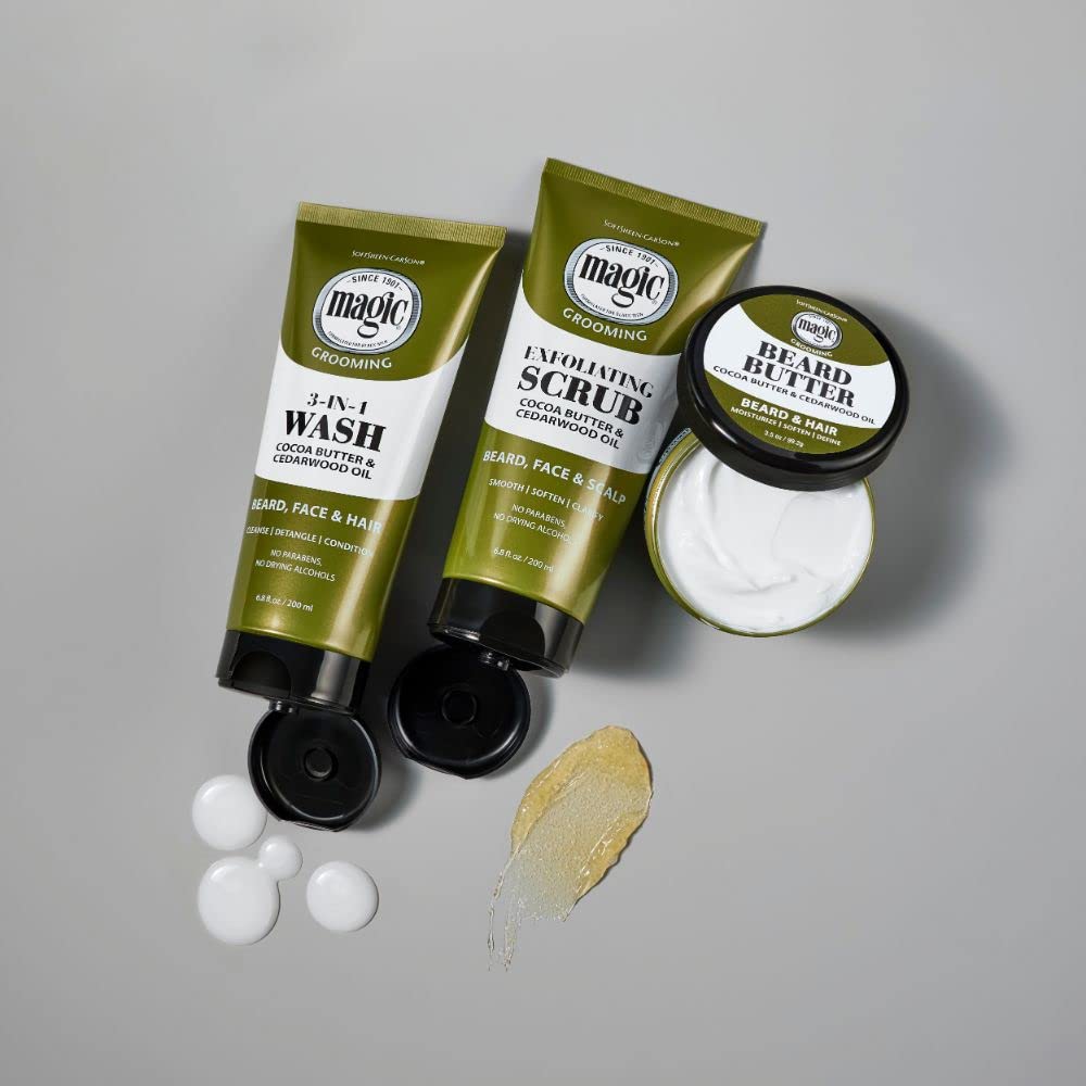SoftSheen scrub on bathroom counter staged with grooming tools for routine