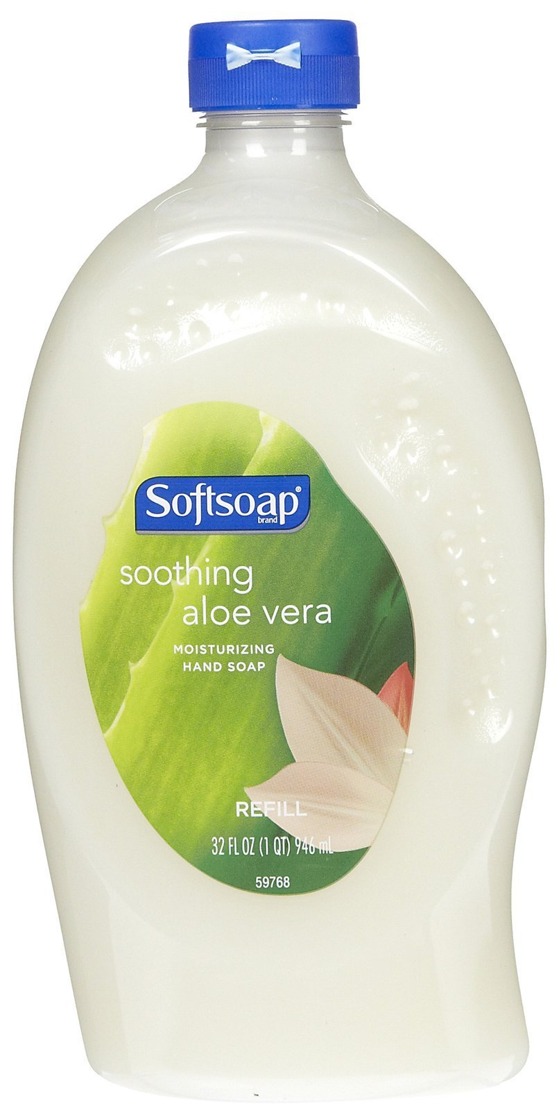 Softsoap 32 oz front bottle showing aloe vera scent and easy refill benefit