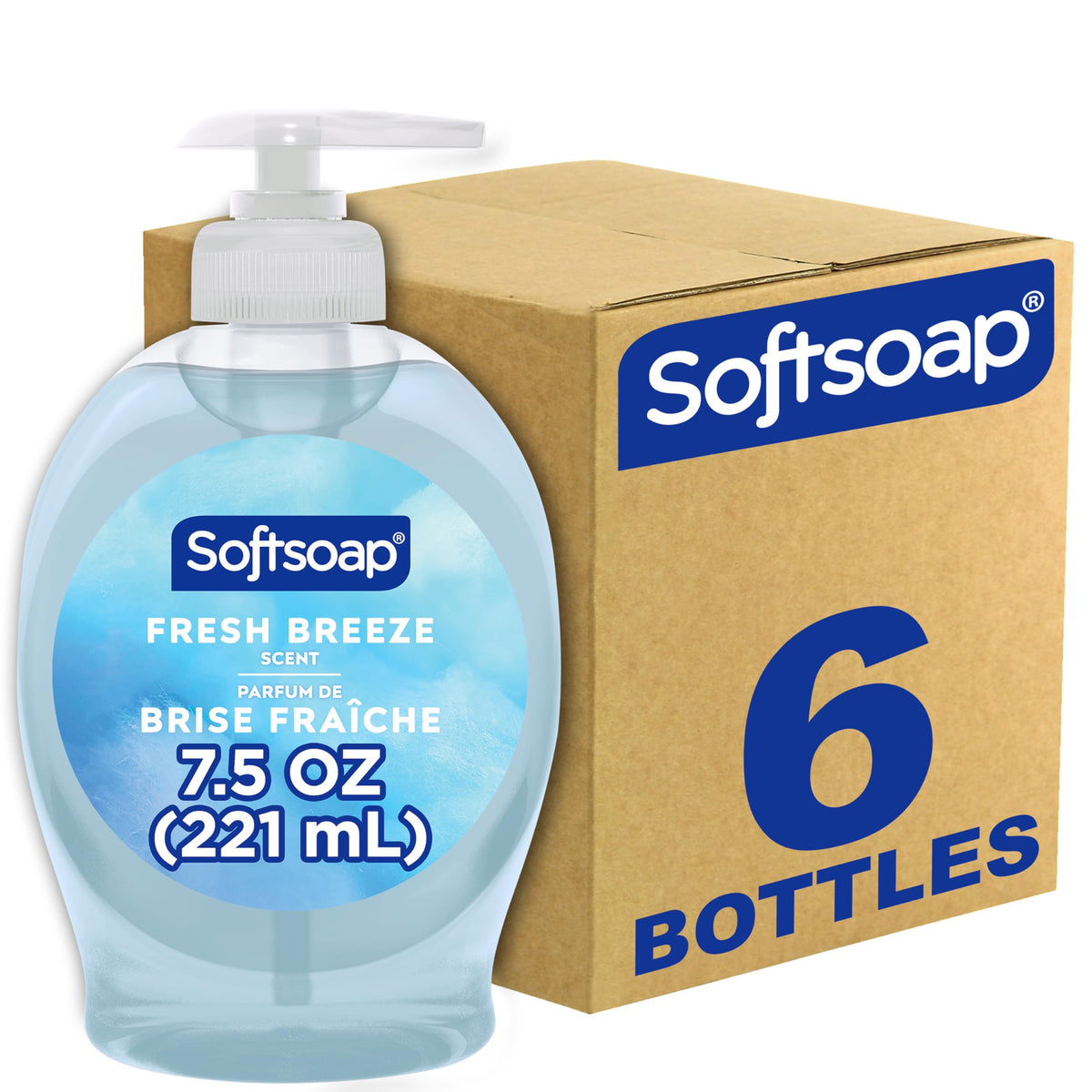Softsoap front packaging showing Fresh Breeze bottles and bright label benefit: easy identification