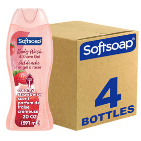 Softsoap front label showing creamy strawberry scent and benefit of moisturizing