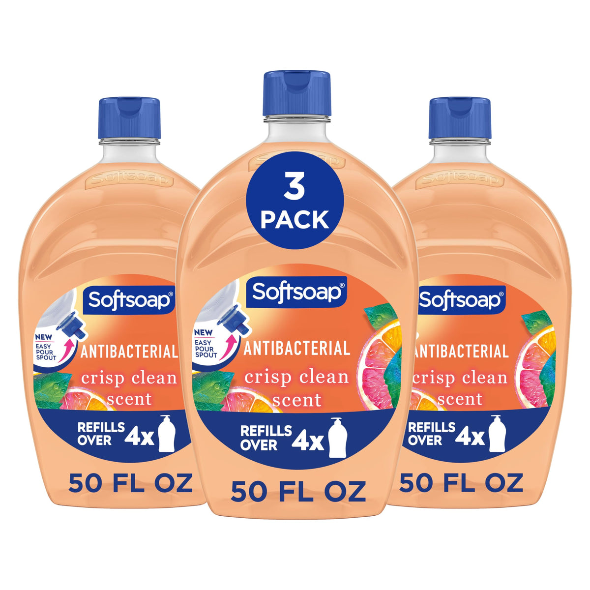 Softsoap front label on 50 fl oz refill bottle showing crisp clean scent and benefit