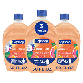 Softsoap front label on 50 fl oz refill bottle showing crisp clean scent and benefit