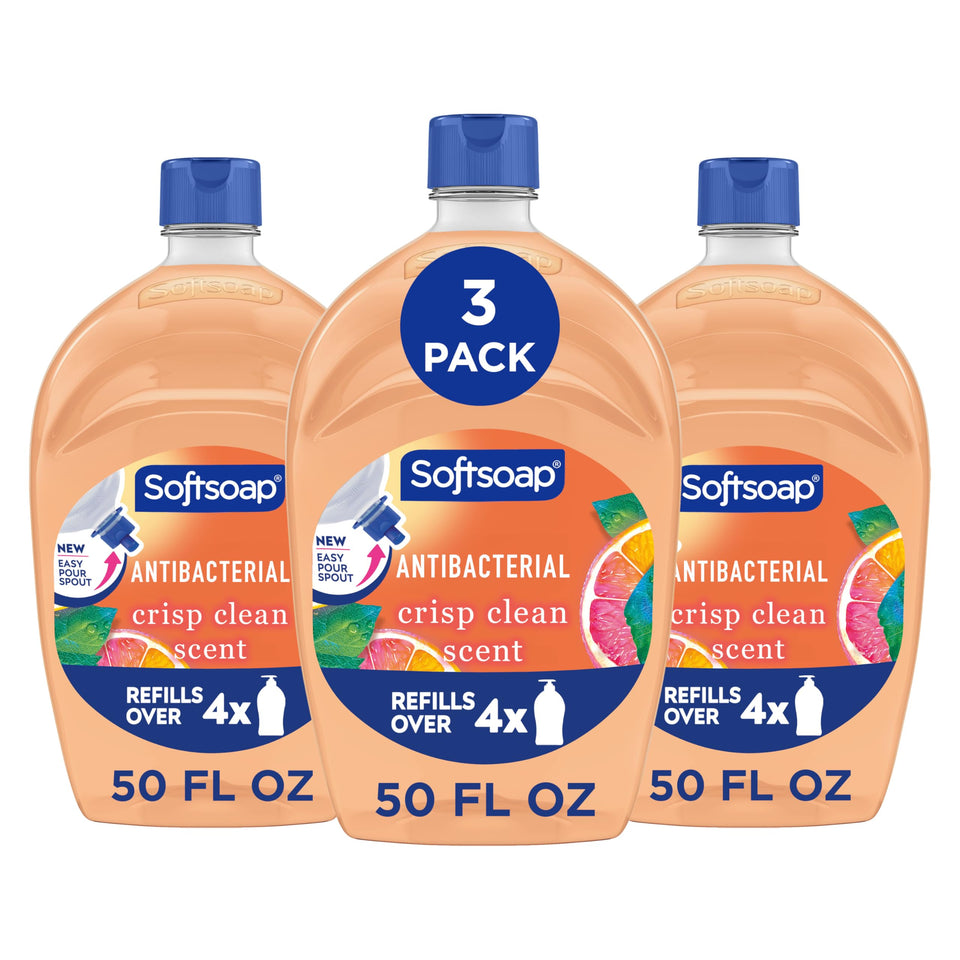 Softsoap front label on 50 fl oz refill bottle showing crisp clean scent and benefit