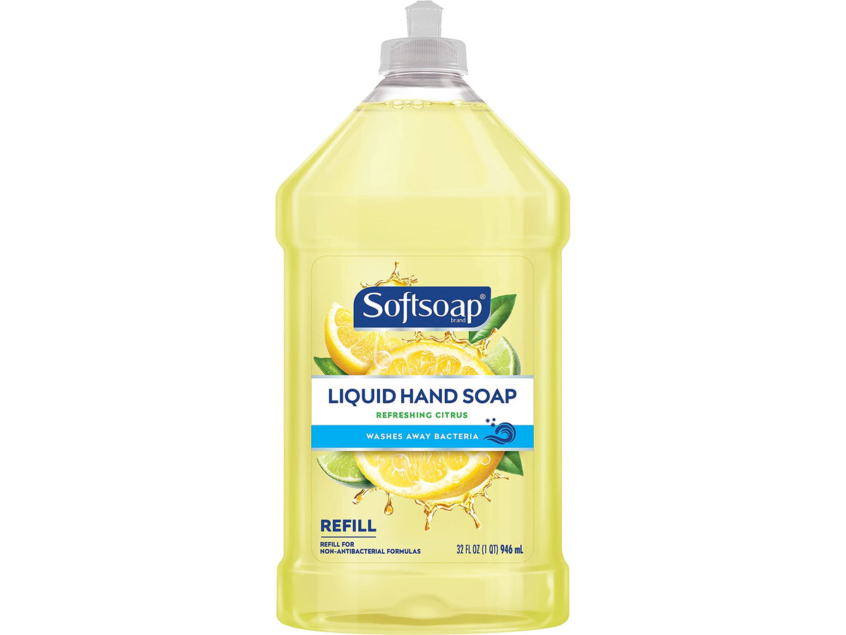 Softsoap front label showing 32 oz refill and lemon scent benefit freshness