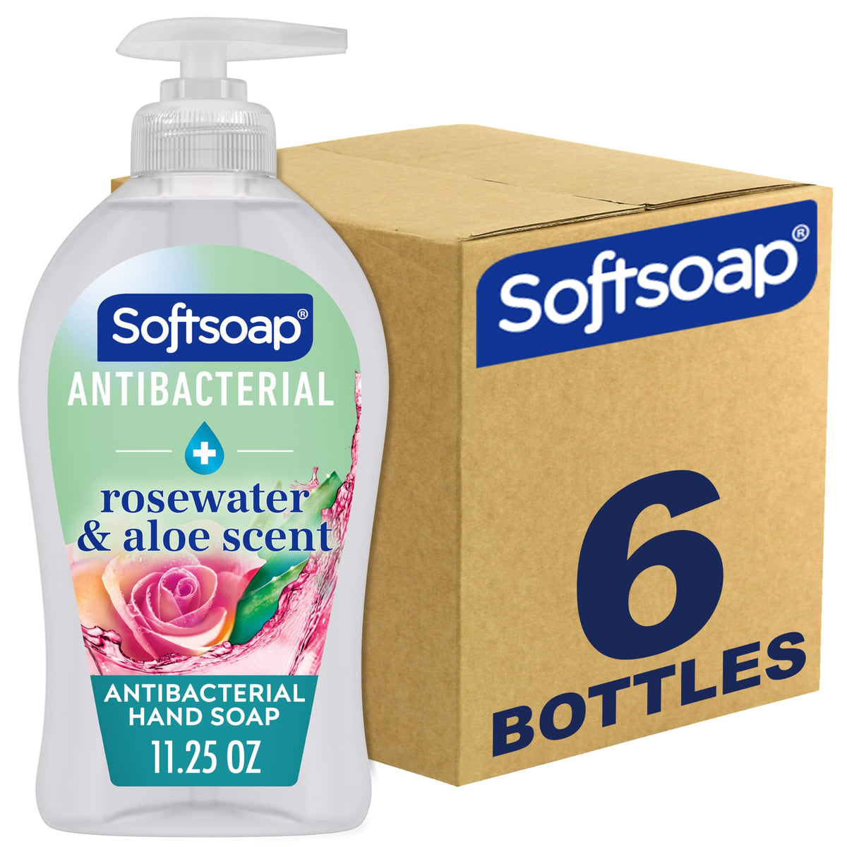 Softsoap front packaging showing six bottles and pump, convenient supply