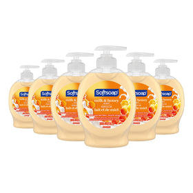 Softsoap front packaging showing milk and honey scent and pump for convenience