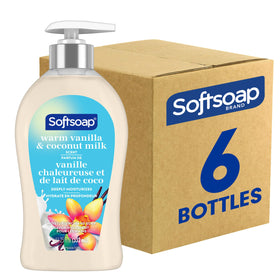 Softsoap front packaging showing warm vanilla coconut scent and stylish pump