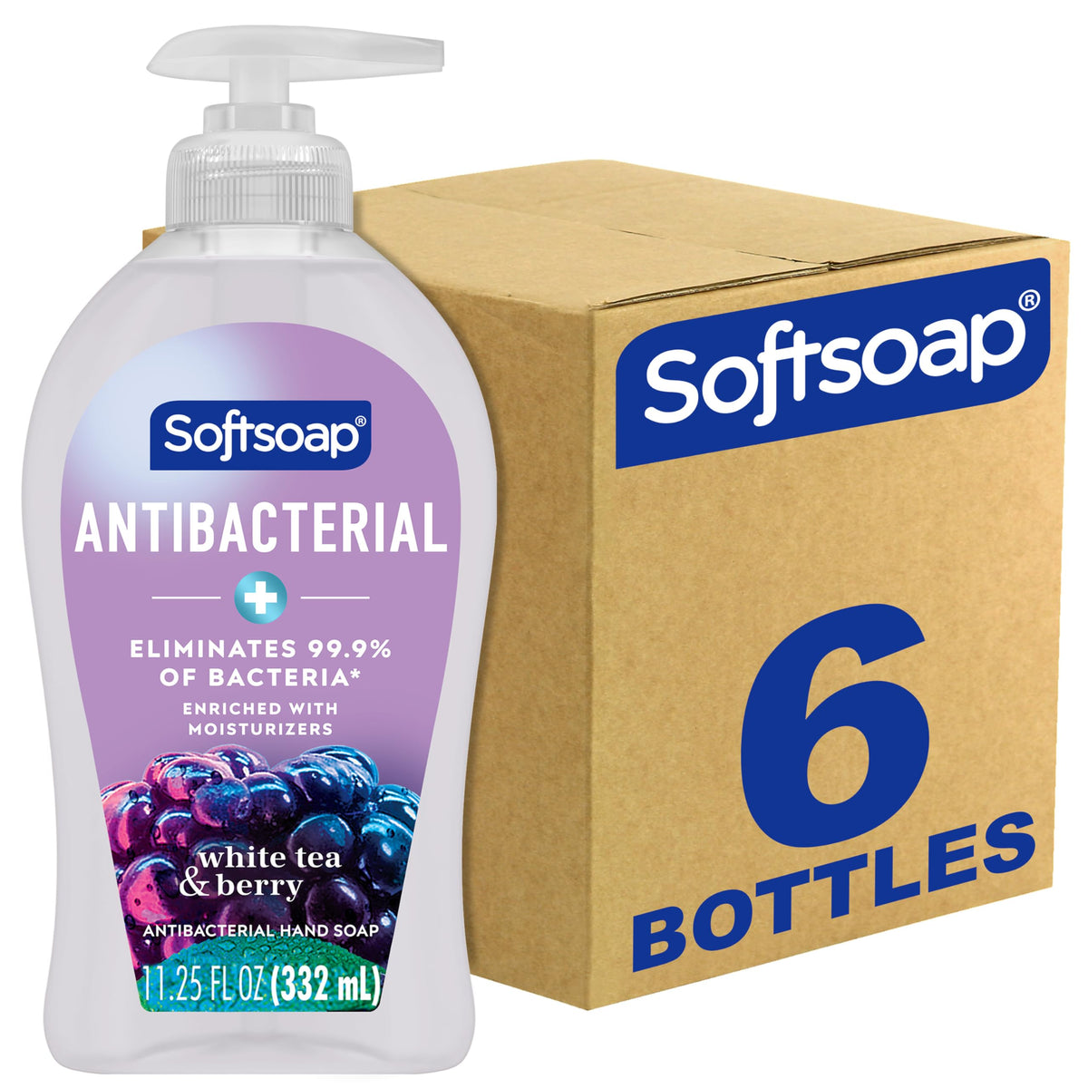 Softsoap front packaging showing bottle and pump, clear view and quick dispensing benefit