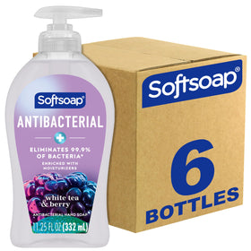 Softsoap front packaging showing bottle and pump, clear view and quick dispensing benefit