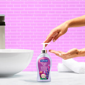 Softsoap bottle on bathroom sink showing aesthetic appeal and convenience