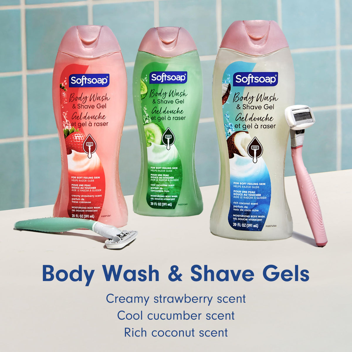 Softsoap bottles grouped for travel and daily shower routine convenience
