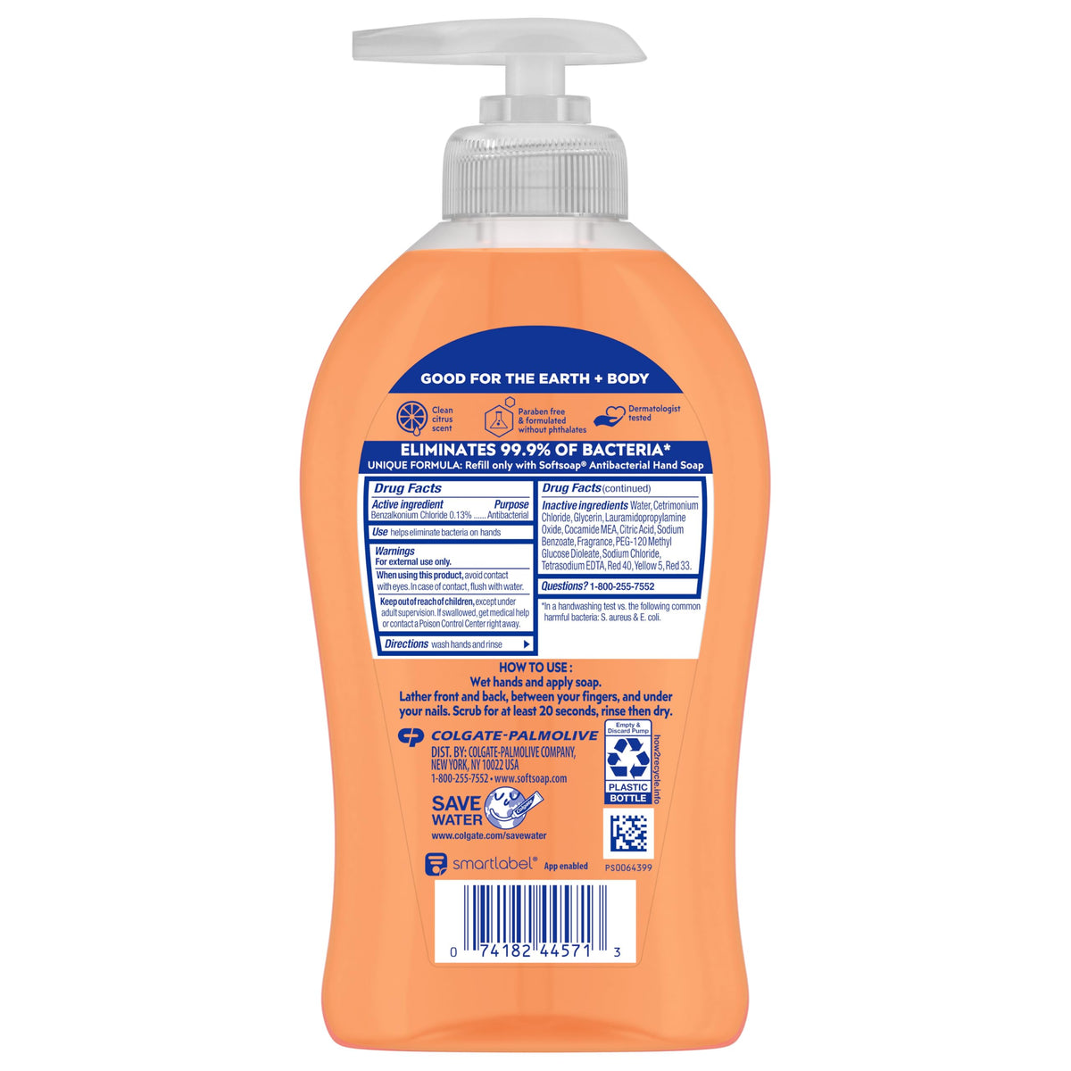 Softsoap bottle with refill and recycling icons showing proper reuse guidance