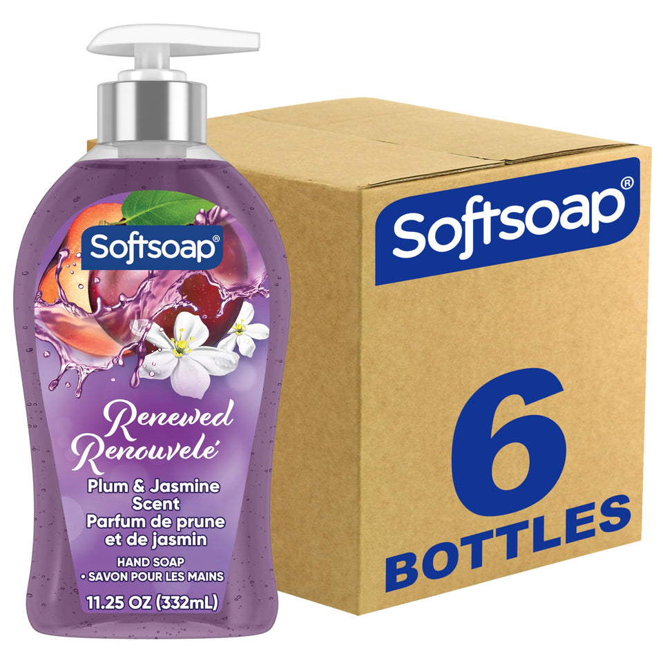 Softsoap pump bottle front showing plum and jasmine scent and brand