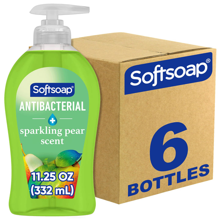 Softsoap front packaging showing bottle and sparkling pear scent for fresh hands