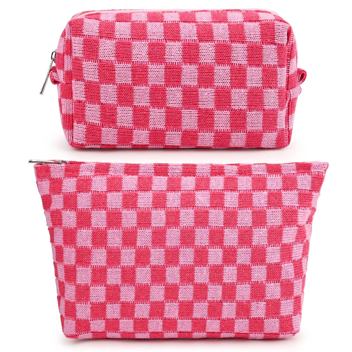 SOIDRAM front view of checkered rose red cosmetic bag showing style and storage benefit