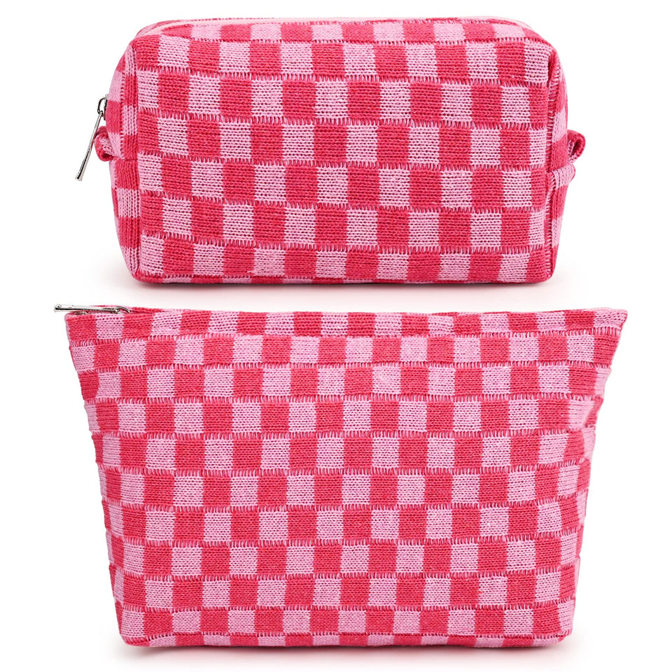 SOIDRAM front view of checkered rose red cosmetic bag showing style and storage benefit