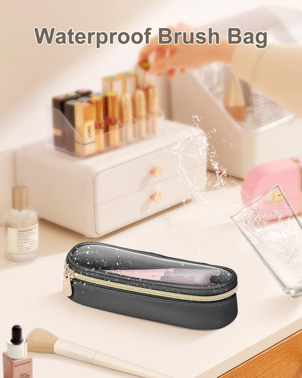 Soimeat brush case on a travel vanity showing stylish, portable grooming convenience