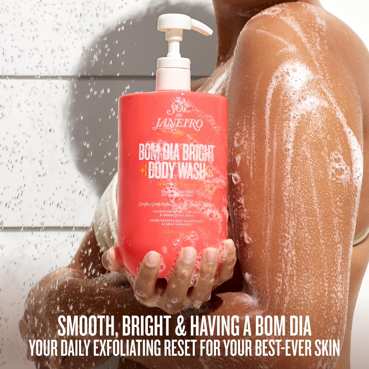 Sol de Janeiro label listing fruit AHAs, salicylic acid, and vegan lactic acid benefits
