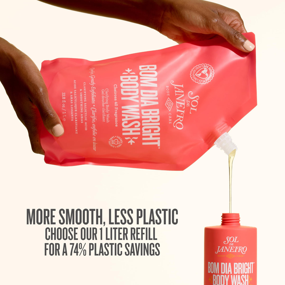 Sol de Janeiro refill pouch and bottle emphasizing plastic-saving refill benefit