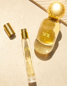 Sol de Janeiro bottle in sunlit tote bag suggesting on-the-go freshness and warmth