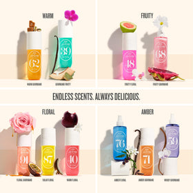 Sol de Janeiro bottle beside freesia and vanilla suggesting scent notes and warmth
