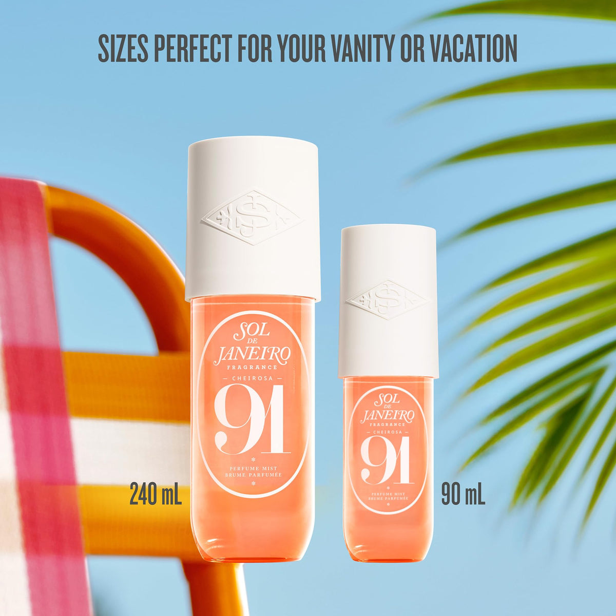 Sol de Janeiro bottle on sunlit sand evoking beachy, joyful fragrance mood