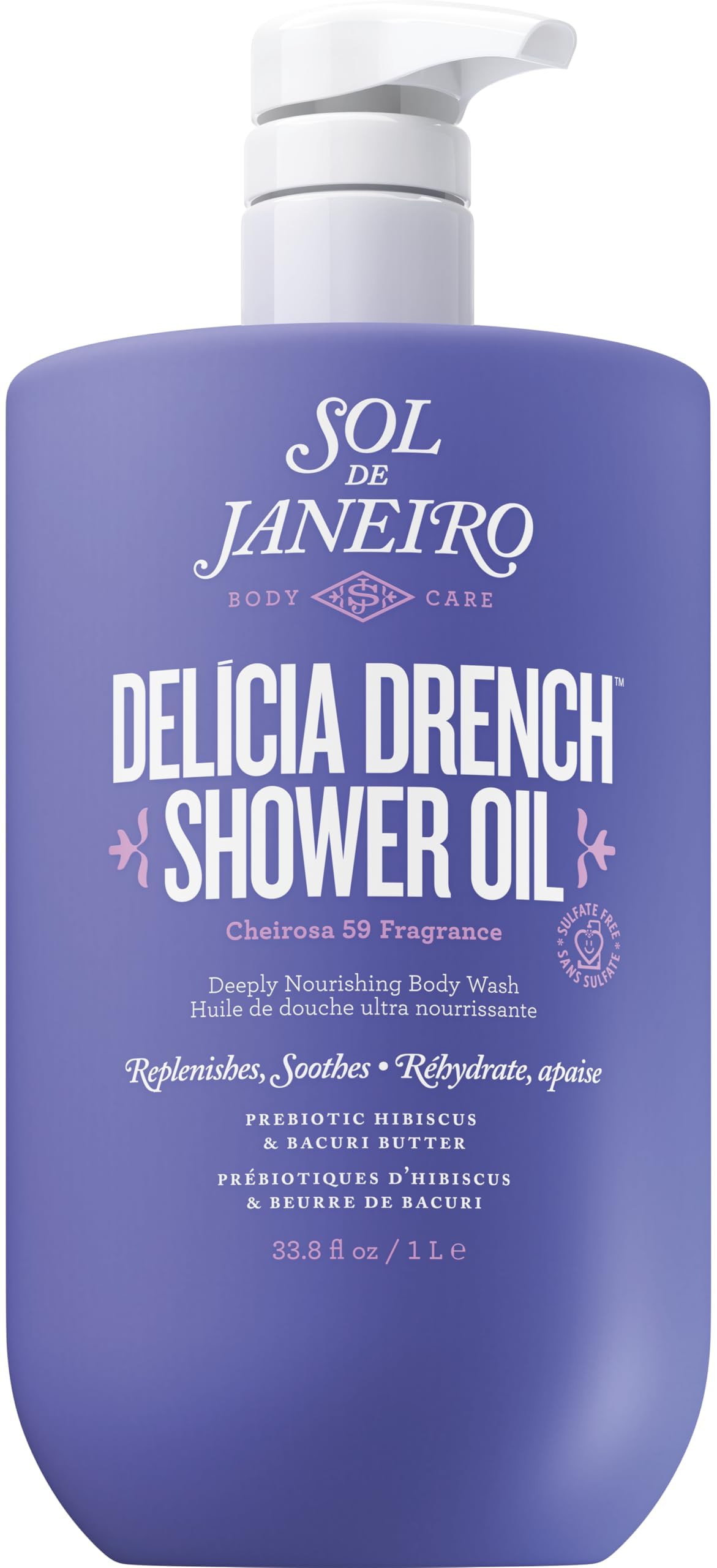 Sol de Janeiro front packaging showing 1L pump and brand, highlights value