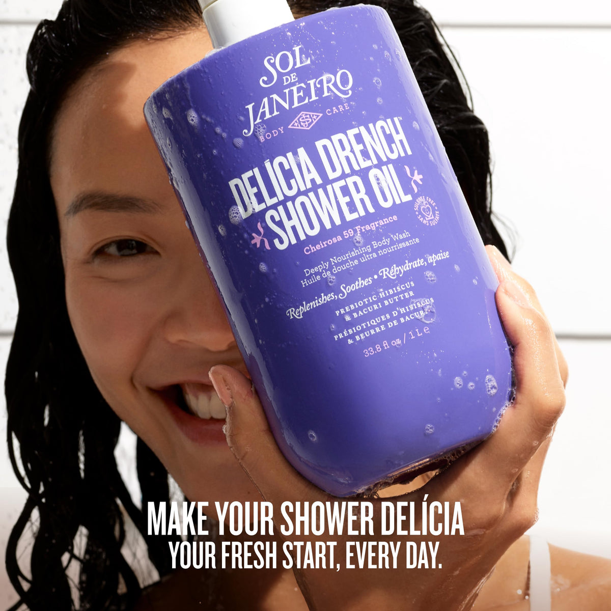 Sol de Janeiro lifestyle bathroom setup conveying spa-like shower experience