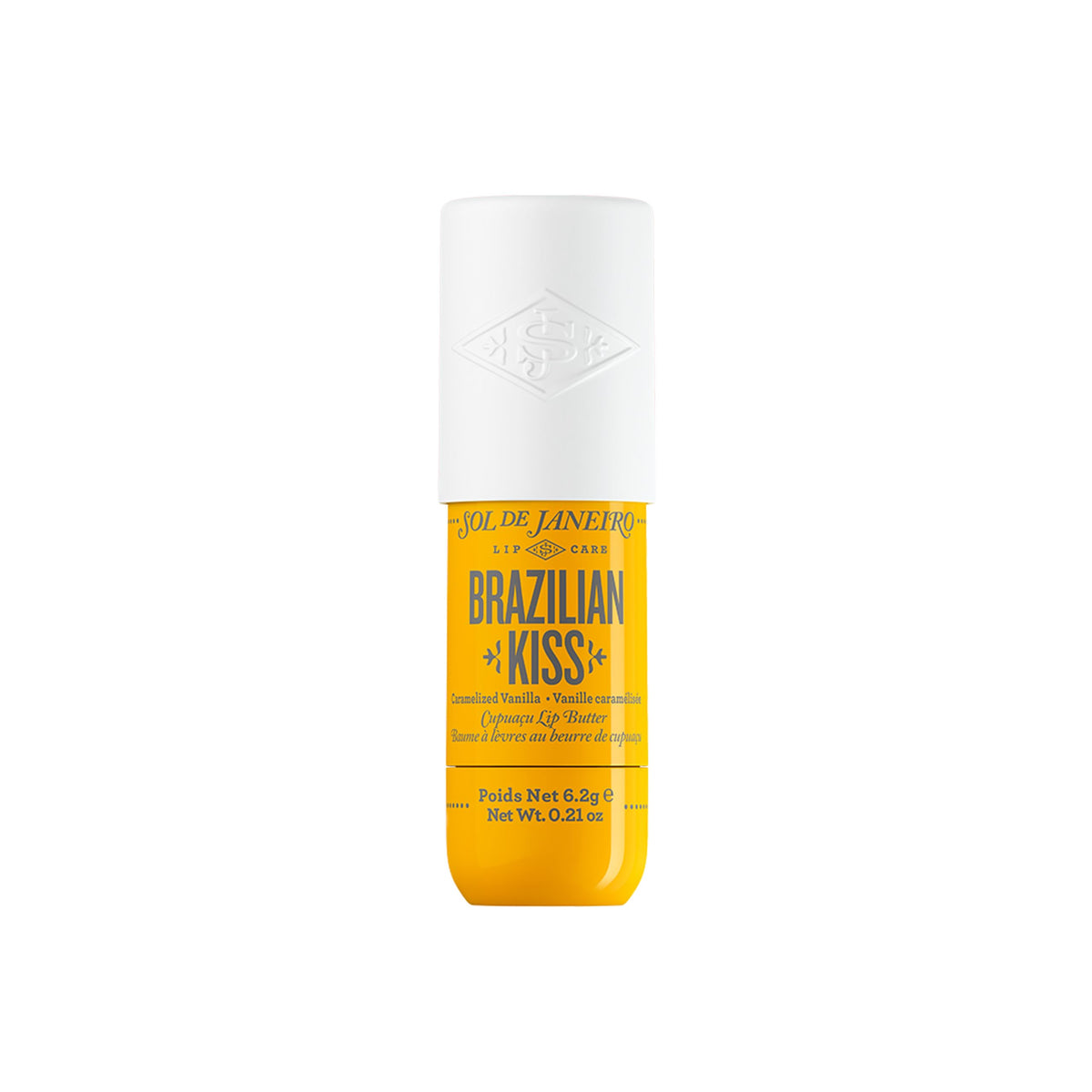 Sol de Janeiro front jar hydrating lip butter shows packaging and glossy effect