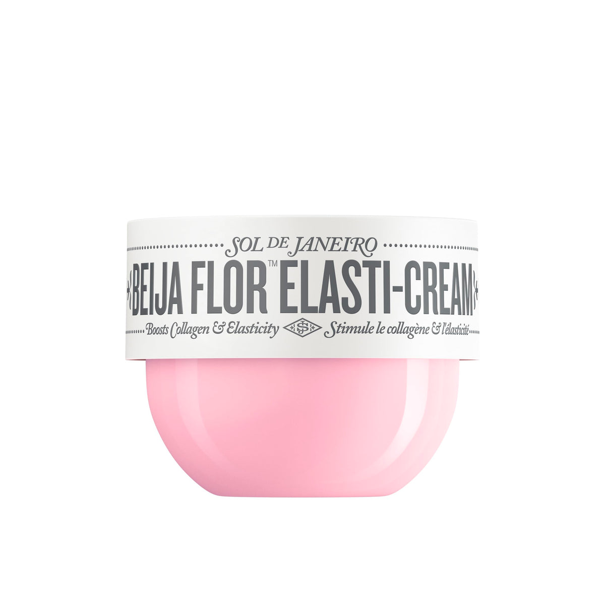 Sol de Janeiro jar front view showing product and elegant design, promotes indulgent hydration