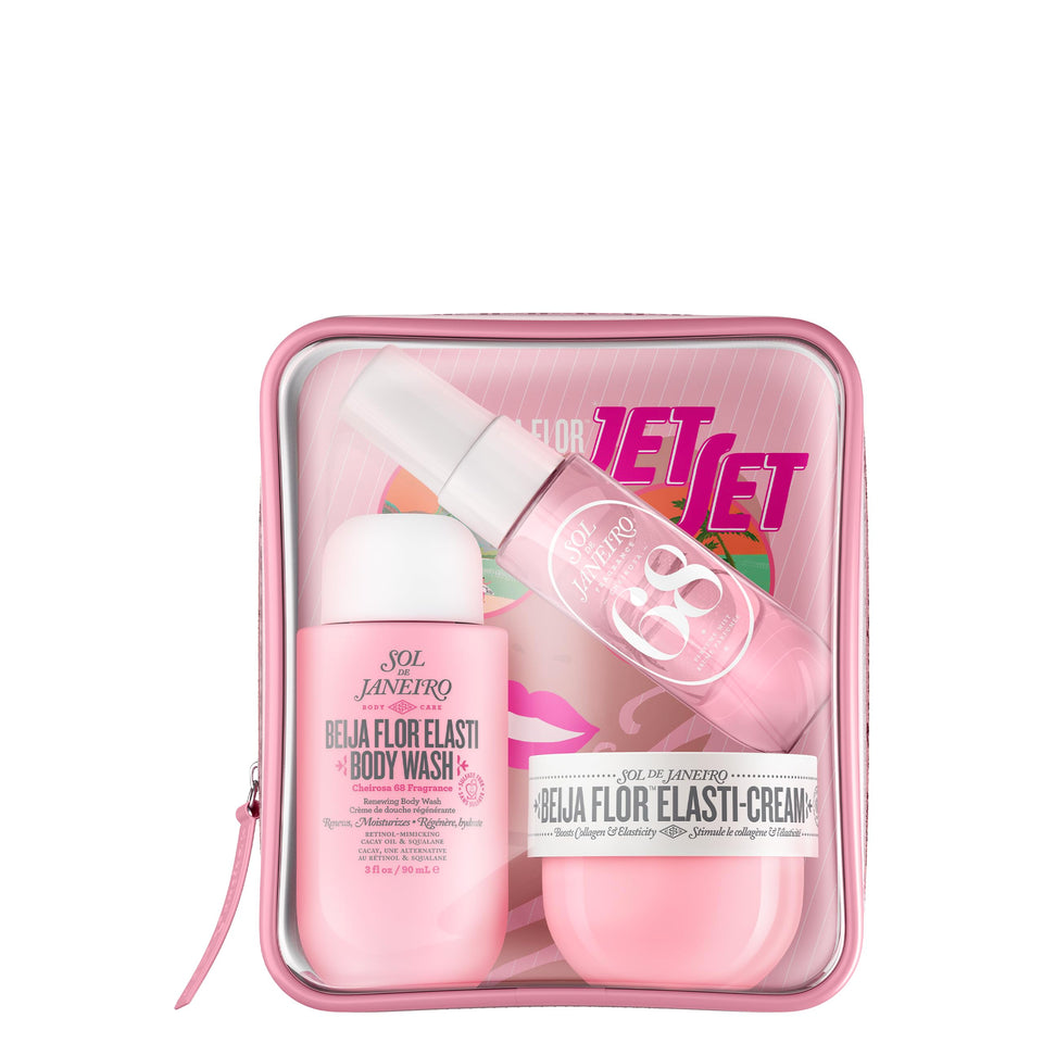 Sol de Janeiro front packaging of Beija Flor Jet Set showing compact travel trio for easy routine